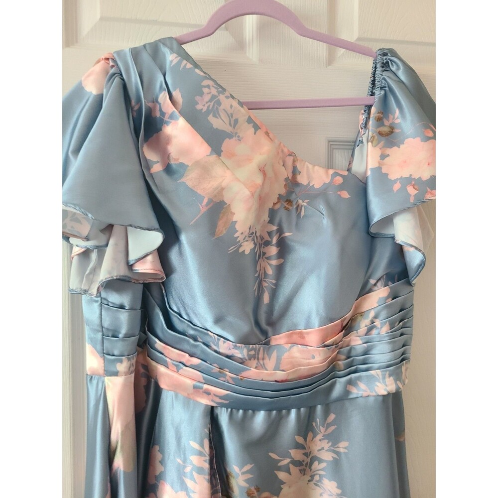 Women’s Satin Asymmetrical Neckline Cascading Ruffle Floral Formal Maxi Gown  XL